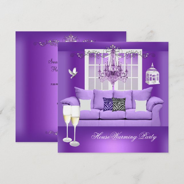 Invitación Sofá de Champagne Morado para Calentar la Casa con (Anverso / Reverso)