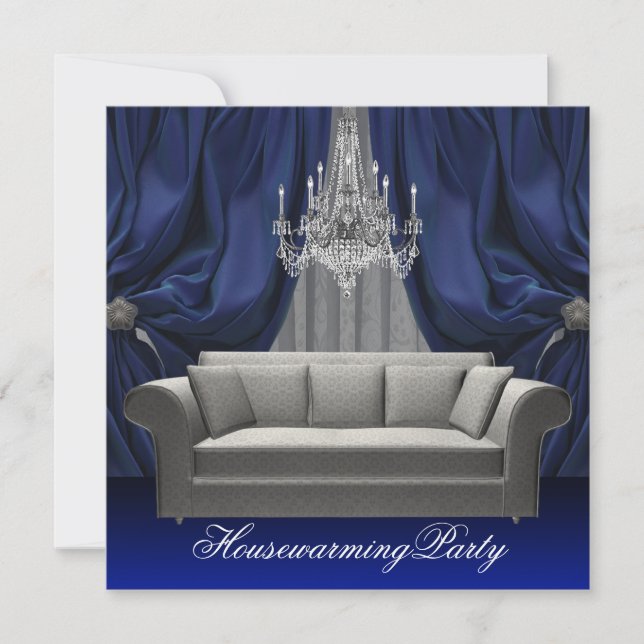 Invitación Sofá de Damasco Azul y Candil Fiesta de inauguraci (Anverso)