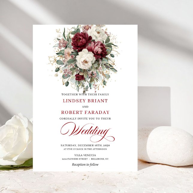 Invitación Sofisticada Boda Botánica Blanca de Borgoña  (Sophisticated Burgundy White Botanical Wedding Invitation)