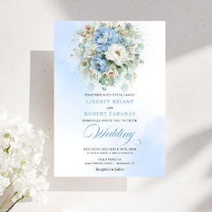 Invitación Sofisticada Boda Digital Floral Azul Polvoriento