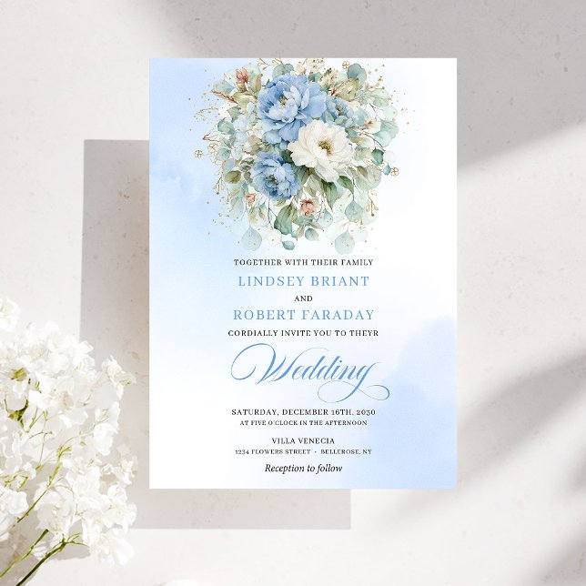 Invitación Sofisticada Boda Digital Floral Azul Polvoriento (Sophisticated Dusty Blue Floral Digital Wedding Invitation)