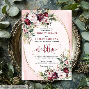 Invitación Sofisticada Boda Floral Boho Merlot Oro Sage
