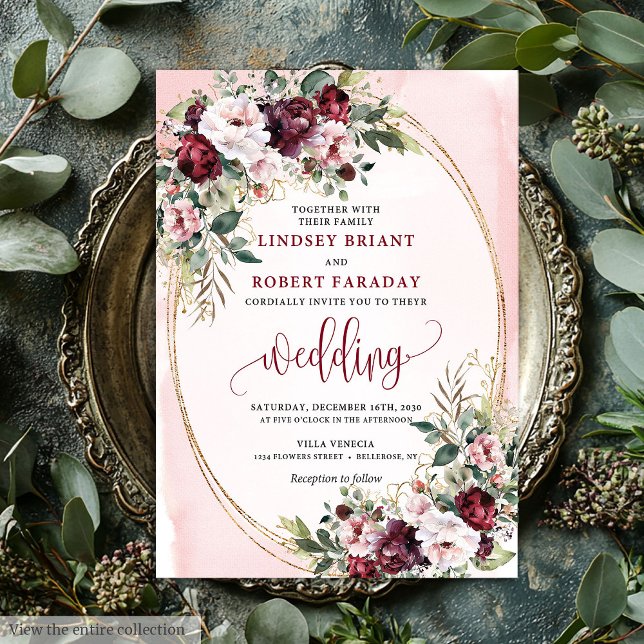 Invitación Sofisticada Boda Floral Boho Merlot Oro Sage (Sophisticated Boho Merlot Gold Sage Floral Wedding Invitation)