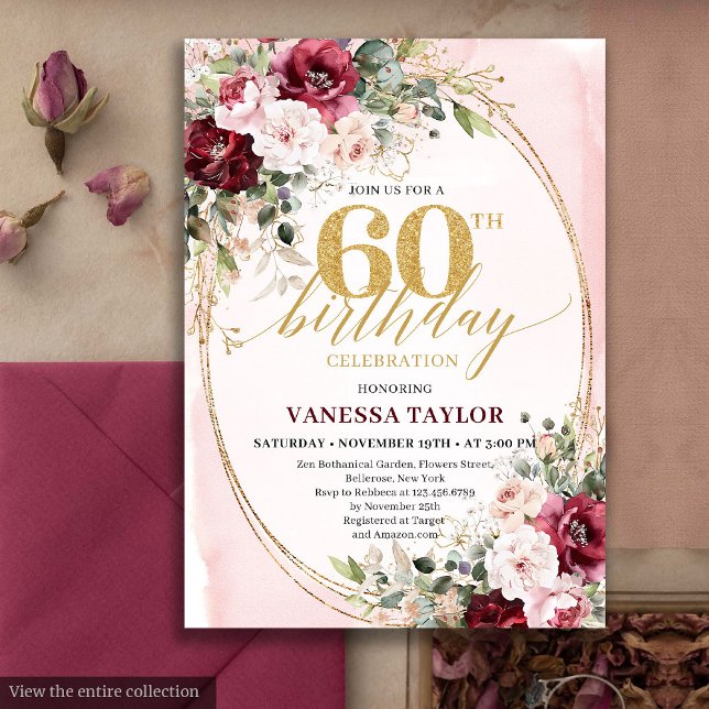 Invitación sofisticada boho rubor dorado cumpleaño (Sophisticated Boho Blush Gold 60th Birthday)