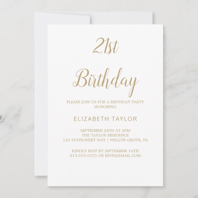 Invitación Sofisticada caligrafía de oro 21 cumpleaños (Anverso)