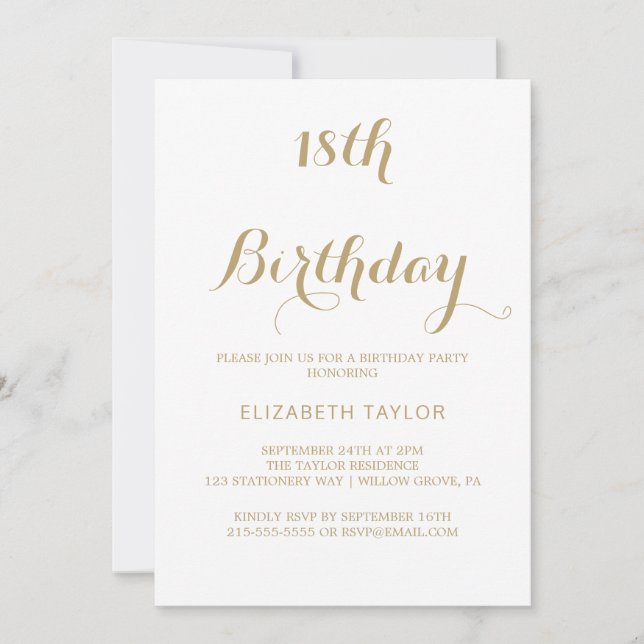 Invitación Sofisticada Caligrafía en Oro para Cumpleaños 18  (Anverso)