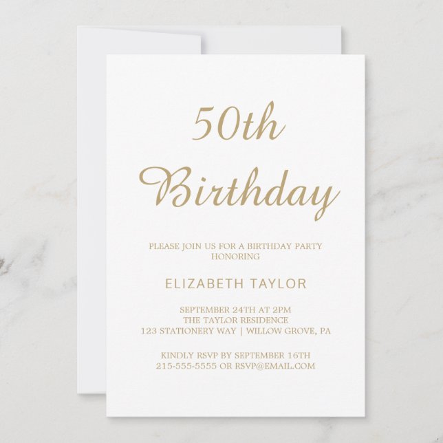 Invitación Sofisticada Caligrafía en Oro para Cumpleaños 50  (Anverso)