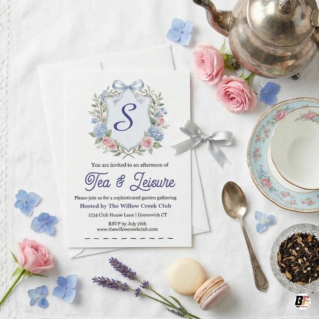 Invitación Sofisticada Cresta de Hortensia y Rosa en Acuarela (Subido por el creador)
