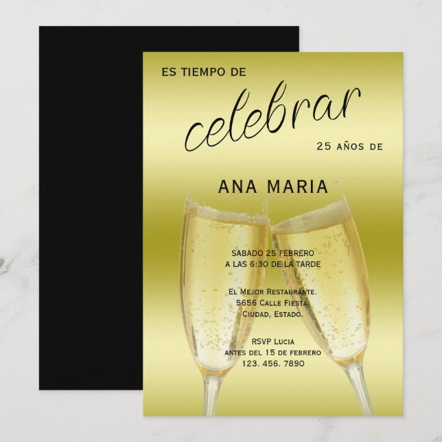 Invitación Sofisticada Cumpleaños Femenino Español en Oro (Anverso / Reverso)