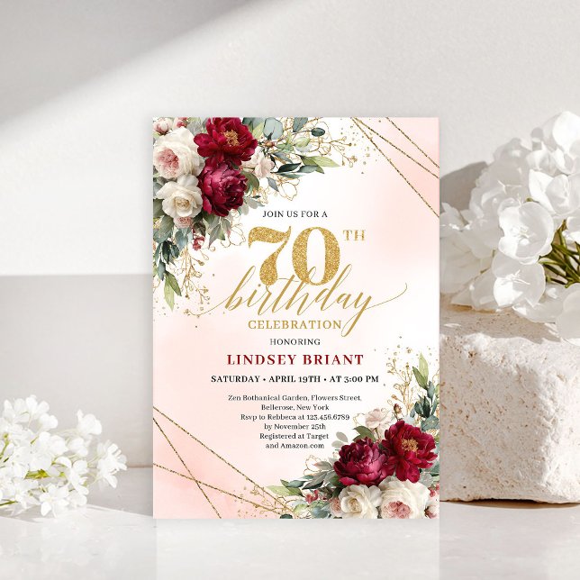 Invitación sofisticada de cumpleaños 70 con flores (Sophisticated Gold Floral 70th Birthday Invitation)