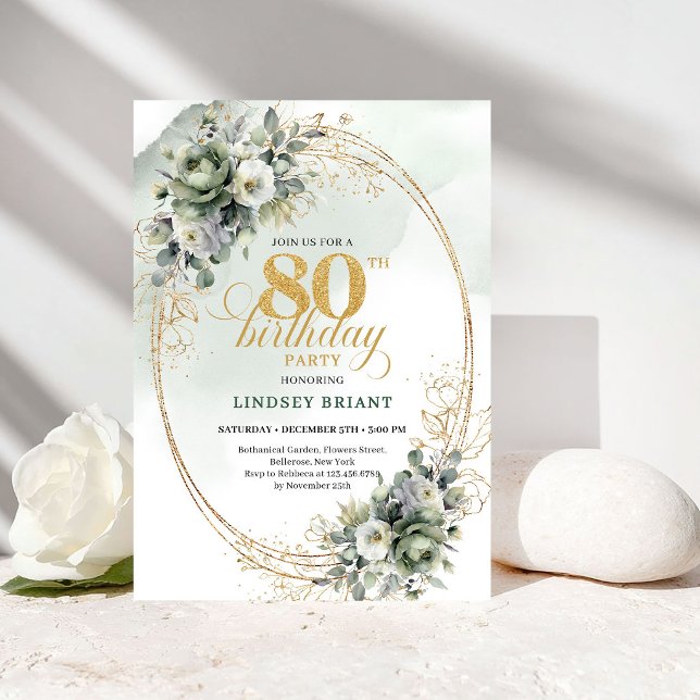 Invitación sofisticada de cumpleaños 80 verde dora (Sophisticated Greenery Gold 80th Birthday Invite)