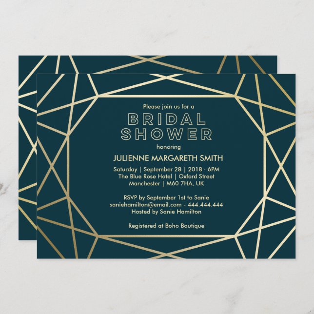 Invitación Sofisticada Ducha Bridal De Gema Geométrico Oro (Anverso / Reverso)