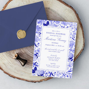 Invitación Sofisticada Ducha Real Floral Azul Bridal