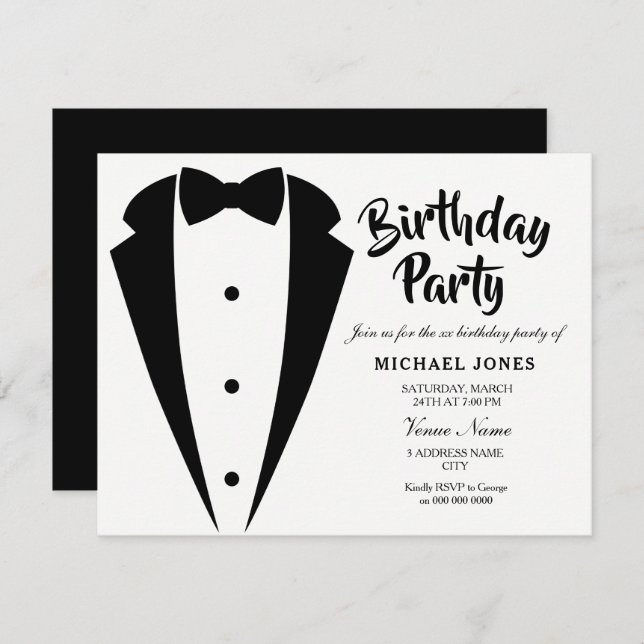 Invitación Sofisticada fiesta de cumpleaños de Suit & Tie (Anverso / Reverso)