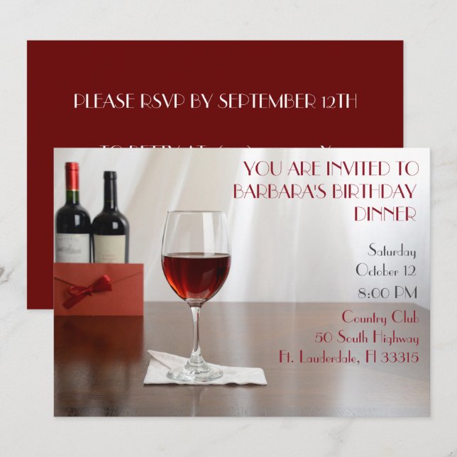Invitación Sofisticada fiesta de cumpleaños del vino Rojo (Anverso / Reverso)