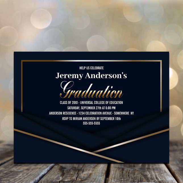 Invitación Sofisticada fiesta de graduación de oro azul (Subido por el creador)