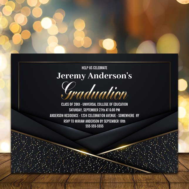 Invitación Sofisticada fiesta de graduación de oro negro (Subido por el creador)
