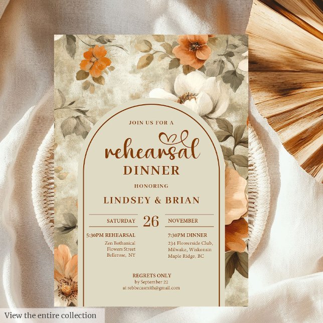 Invitación Sofisticada Floral de Ensayo de Sálvia Marfil de C (Sophisticated Copper Ivory Sage Floral Rehearsal Invitation)