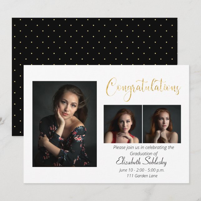 Invitación Sofisticada graduación de fotografías en negro y o (Anverso / Reverso)