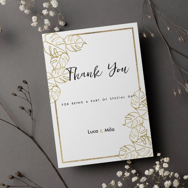 Invitación Sofisticada hoja tropical dorada blanca Gracias (Sophisticated white gold tropical leaf Thank You)