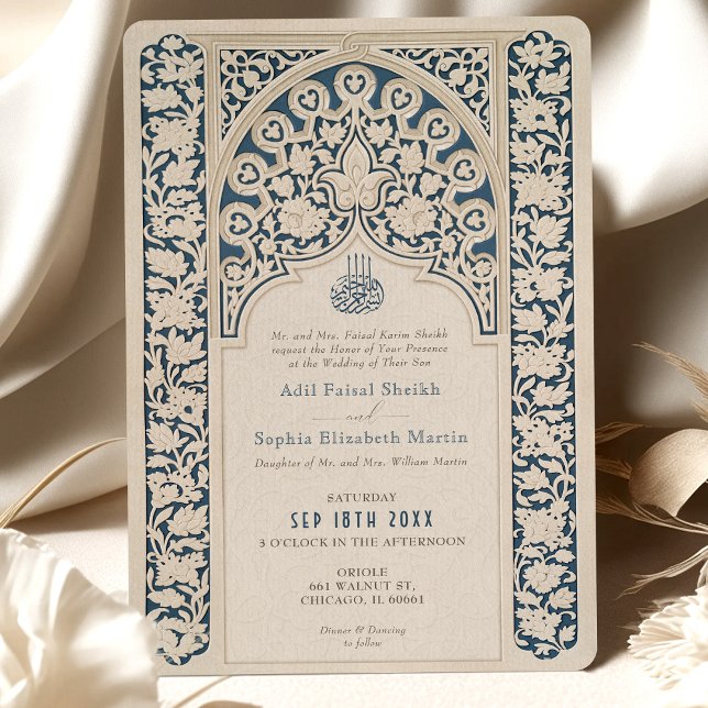 Invitación Sofisticada marina y crema Boda islámica de encaje (Subido por el creador)