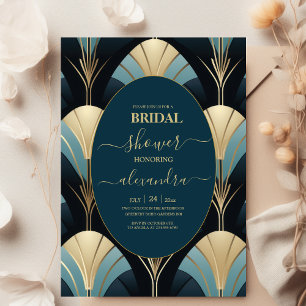 Invitación Sofisticada novia azul y oro Art Deco