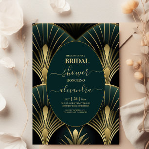 Invitación Sofisticada novia verde y dorada Art Deco