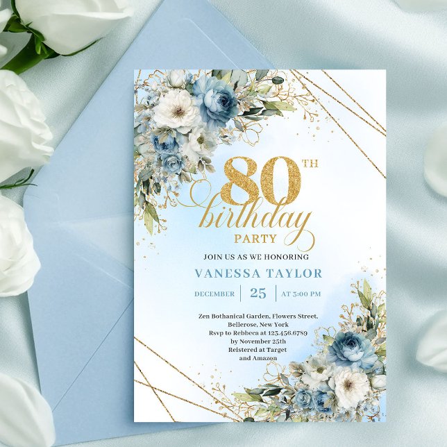 Invitación sofisticada para 80 cumpleaños en azul  (Sophisticated 80th Birthday Invite Dusty Blue Watercolor)