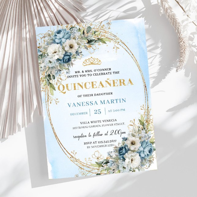 Invitación Sofisticada Quinceañera con Verde y Oro Azul Polvo (Sophisticated Dusty Blue Gold Greenery Quince Invite)