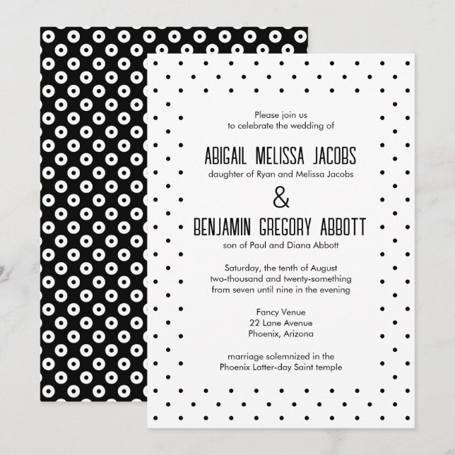 Invitación Sofisticada recepción de puntos de polka blanco y  (Anverso / Reverso)
