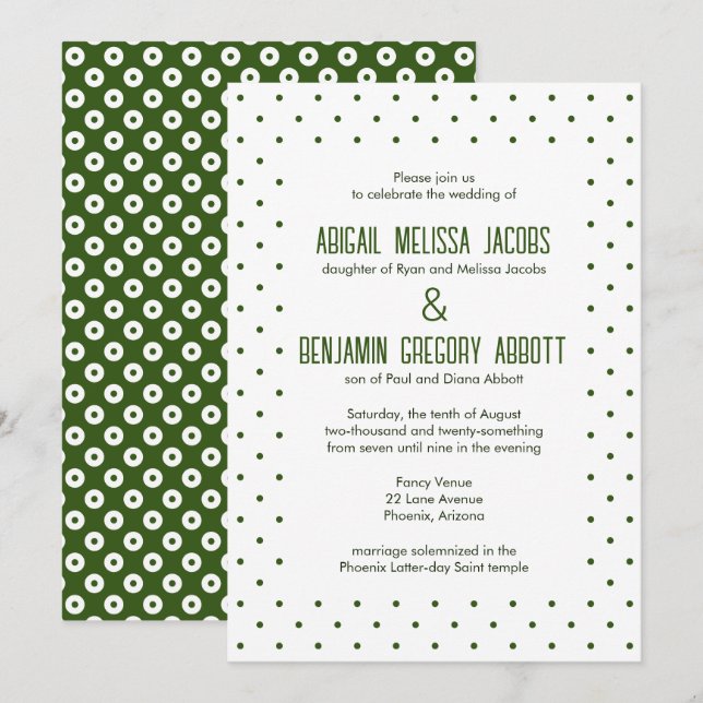 Invitación Sofisticada recepción verde y blanca con polka-pun (Anverso / Reverso)