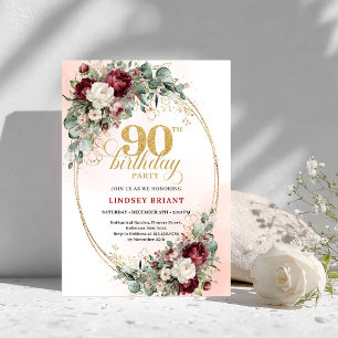 Invitación Sofisticadas Peonías Marsala Doradas Cumpleaños 90