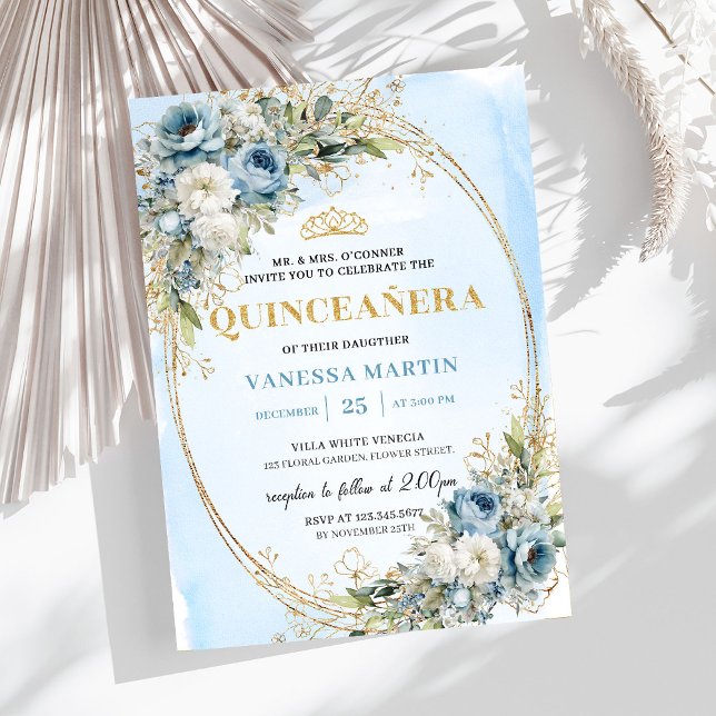 Invitación Sofisticado Azul Pastel Dorado Eucalipto Quinceañe (Sophisticated Pastel Blue Gold Eucalyptus Quince)