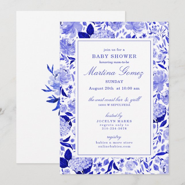 Invitación Sofisticado Baby Shower Royal Blue Floral (Anverso / Reverso)