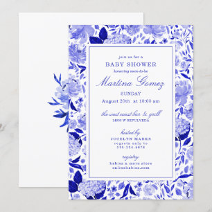 Invitación Sofisticado Baby Shower Royal Blue Floral