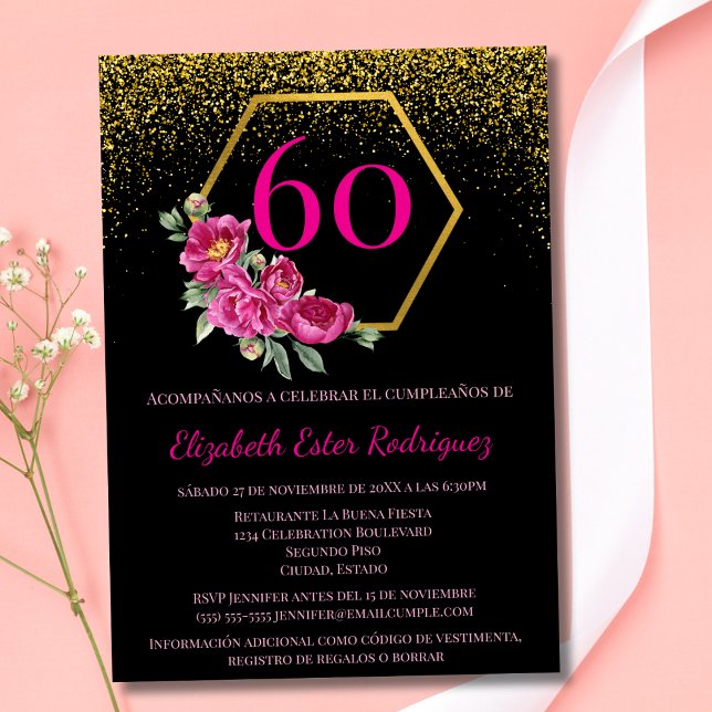 Invitación Sofisticado Black Pink 60 cumpleaños (Subido por el creador)
