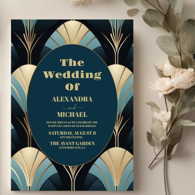 Invitación Sofisticado Boda Art Deco Azul y Oro (Subido por el creador)
