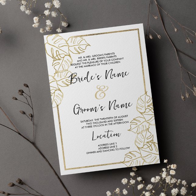 Invitación Sofisticado Boda de follaje tropical dorado blanco (Sophisticated white gold tropical foliage Wedding)