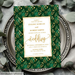 Invitación Sofisticado Boda del follaje de oro verde esmerald