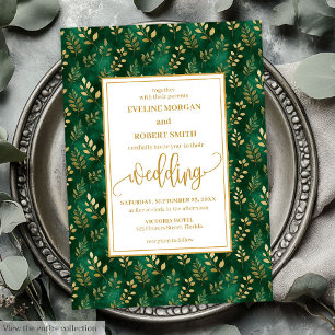 Invitación Sofisticado Boda del follaje de oro verde esmerald