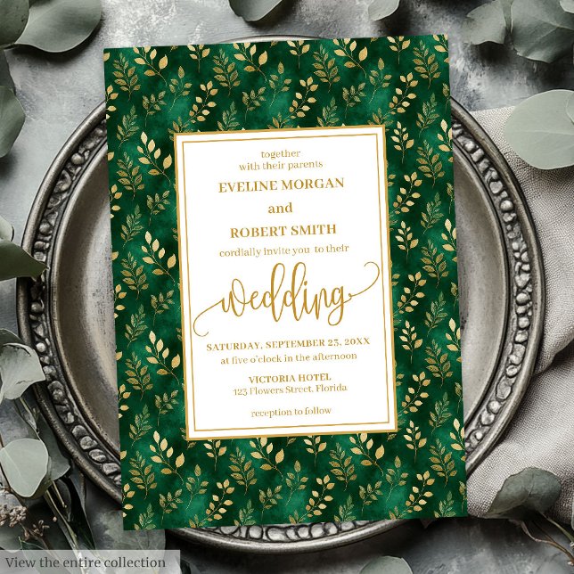 Invitación Sofisticado Boda del follaje de oro verde esmerald (Sophisticated Emerald Green Gold Foliage Wedding Invitation)