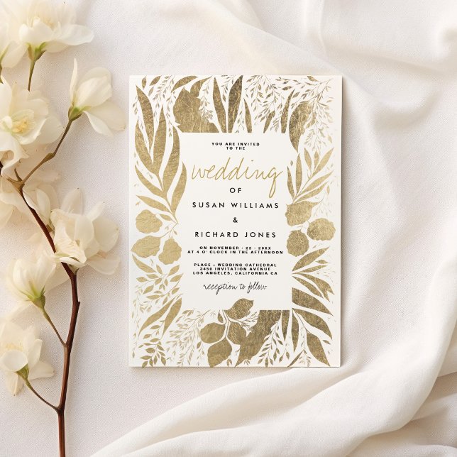 Invitación Sofisticado boda floral follaje de oro blanco (Sophisticated white gold foliage floral wedding)