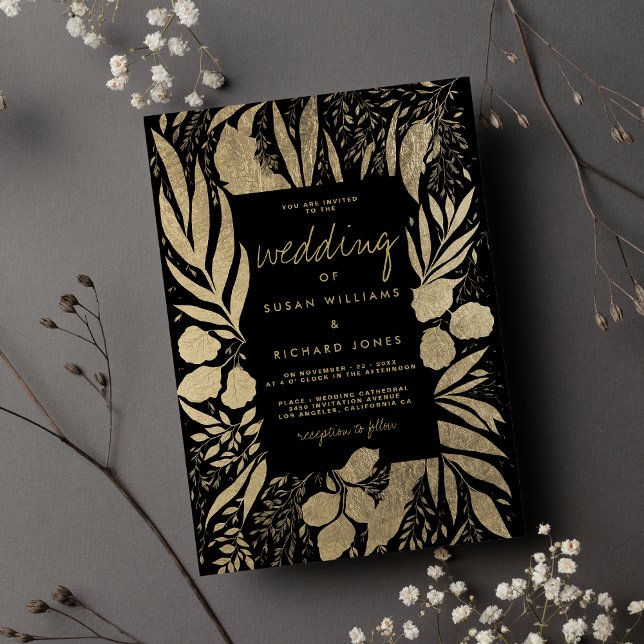 Invitación Sofisticado boda floral follaje de oro negro (Sophisticated black gold foliage floral wedding invitation )