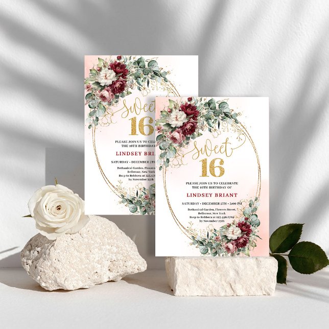 Invitación Sofisticado Bohemio Burgundy Floral Cumpleaños 16  (Sophisticated Bohemian Burgundy Floral Sweet 16 Invite)