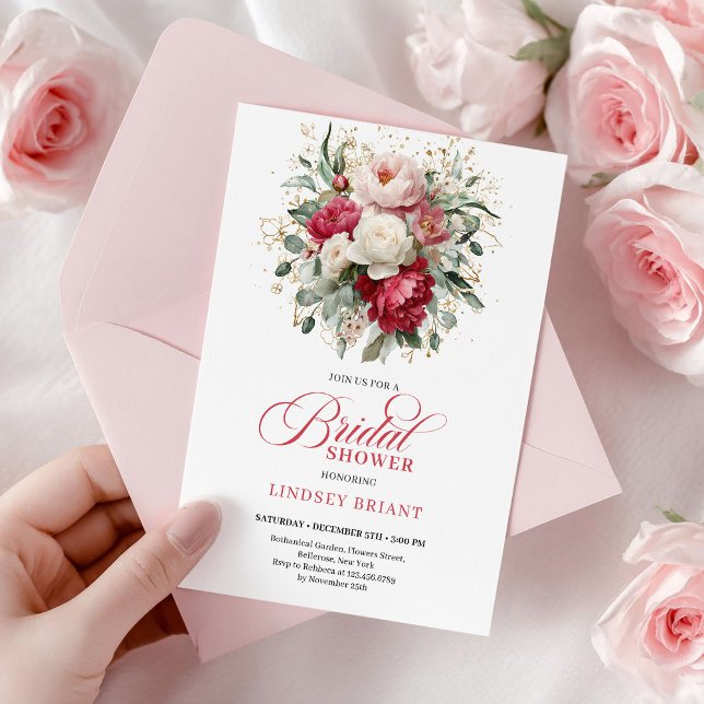 Invitación Sofisticado bohemio rojo blanco floral verde (Chic Boho Ruby Red Blush Greenery Bridal Shower)