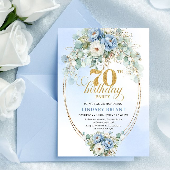 Invitación Sofisticado Boho Azul y Dorado Floral 70 Cumpleaño (Sophisticated Boho Blue and Gold Floral 70th Birthday)