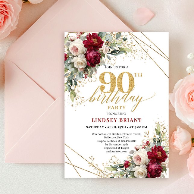 Invitación Sofisticado Boho Merlot Rosa Dorado Cumpleaños 90 (Sophisticated Merlot Rose Gold 90th Birthday Invite)