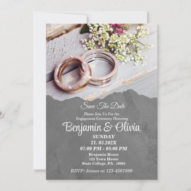 Invitación Sofisticado Compromiso Gris minimalista (Anverso)