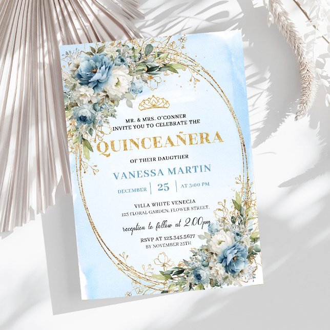 Invitación Sofisticado Cumpleaños 15 Dusty Blue Oro Verde (Sophisticated Dusty Blue Gold Greenery 15th Birthday)
