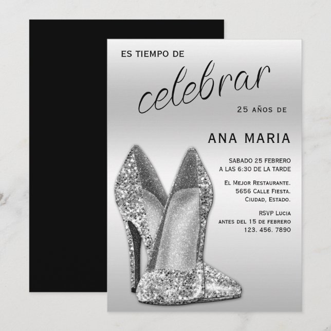 Invitación Sofisticado Cumpleaños Femenino Español Plata (Anverso / Reverso)